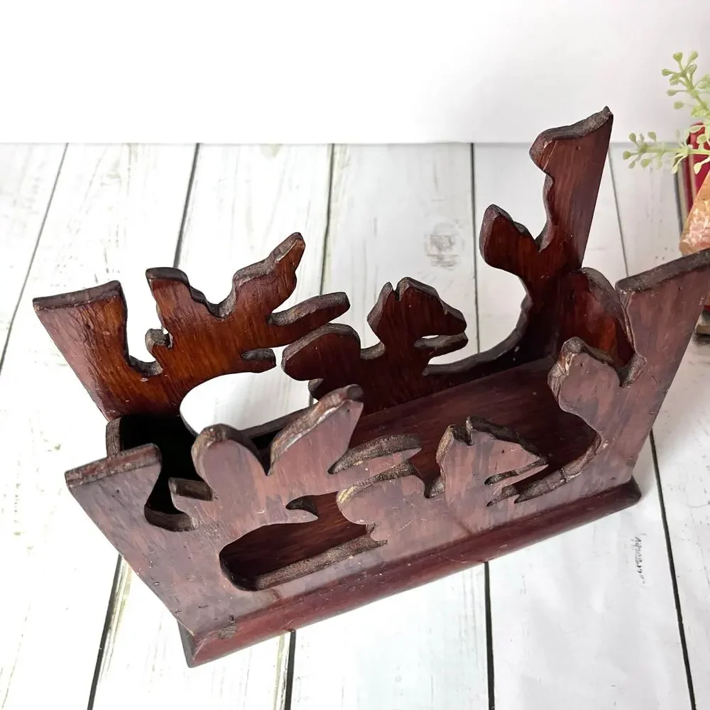 Vintage Hand Carved Wooden Desk Organizer Napkin Holder Rustic Woodland Nature